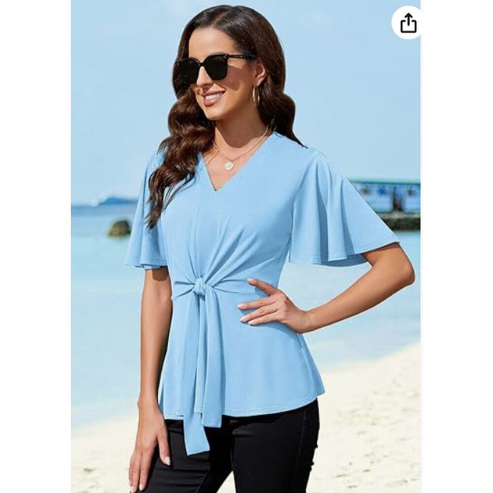 ArtJuly Women's Tie Front Short Sleeve Summer Peplum Top Size XL Light Blue NWT